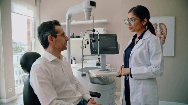 Eye doctor and male patient in clinic with eye examination equipment for vision test and health care consultation in medical office environment.