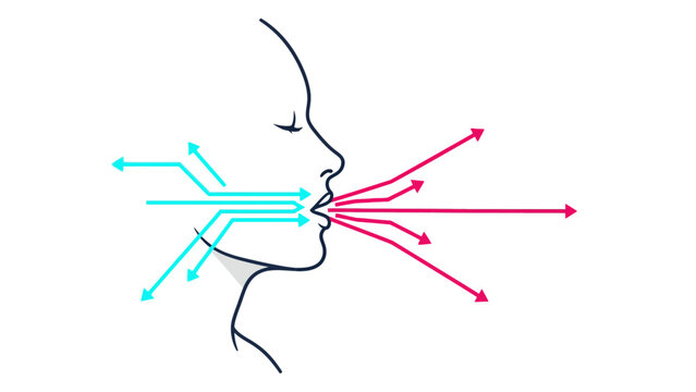 Breathing Air Flow Diagram: Inhale and Exhale Arrows Moving In and Out of Mouth. Respiratory Process Illustration and Concept.