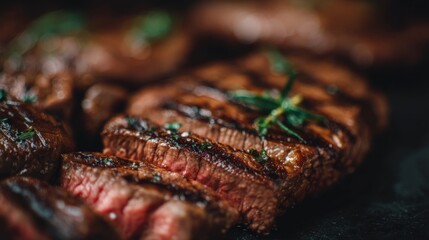 Grilled Beef Steak with Perfectly Cooked Texture and Juicy Interior Ideal for Gourmet Dishes and BBQ Gatherings, Close-Up with Herbs on Plate