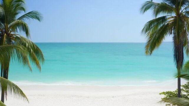 Cinematic drone shot of tall coconut palm trees forming a natural frame over a pristine white sand beach, crystal clear turquoise sea gently moving, untouched tropical atmosphere.