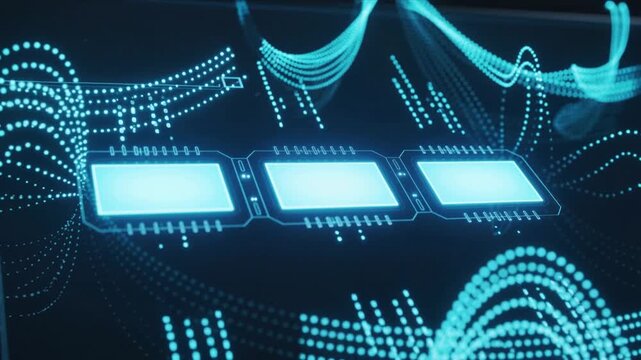 Futuristic touchscreen interface with human hand interacting, technology concept showing digital buttons and data flow in blue light for innovation and user experience.