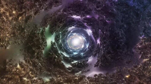 A vibrant, swirling galaxy with shades of purple, blue, and white, set against a dark, starry background with a bright light at its center.