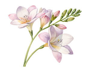 Obraz premium Soft Freesia Watercolor Flower, Elegant Botanical Illustration Isolated on White