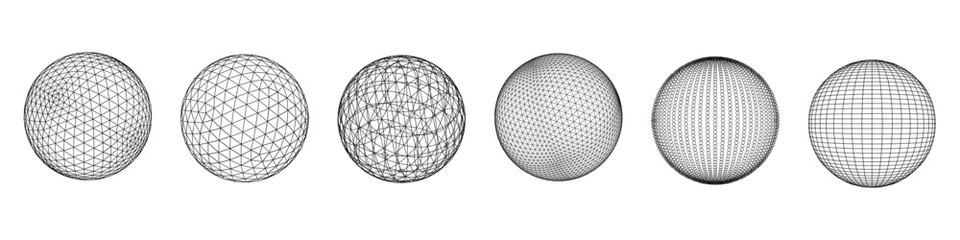 Wireframe shapes with linear mesh structure and geometric grid. Vector illustration of orb showing global network topology on isolated white background.