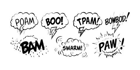 A collection of comic book sound effect words in speech bubbles. Vector © Tonni