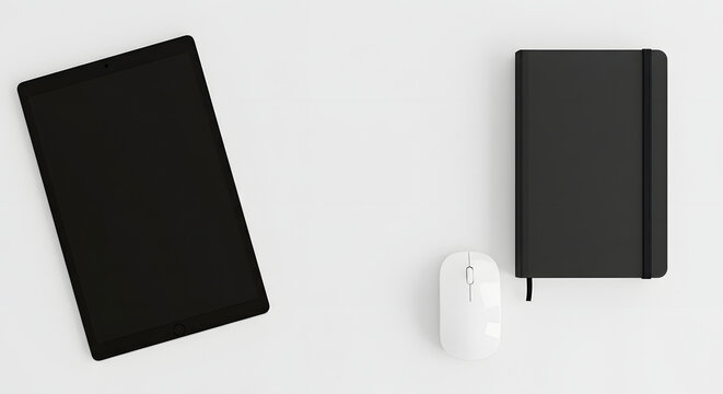 Clean white desk setup with black tablet, notebook, mouse