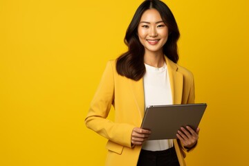 Fototapeta premium Confident asian businesswoman smiling, holding a tablet on a yellow background
