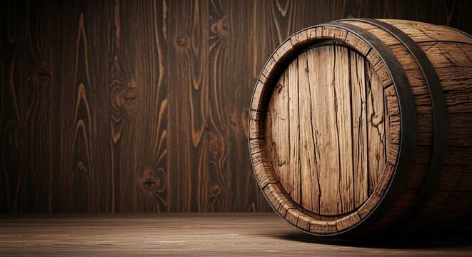 Vintage wooden wine barrel on rustic wooden background