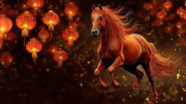 Chestnut Horse Galloping Against Glowing Red Lanterns Creating Vibrant Atmosphere of Celebration and Tradition