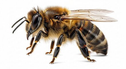 Macro Side View Illustration of a Honey Bee, Detailed Anatomical Worker Bee with Golden Fuzz Isolated on White Background