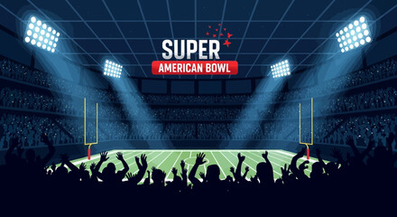 An illustration of a lively American football stadium with a crowd cheering at a Super Bowl event in Los Angeles Memorial Coliseum. © Surya16