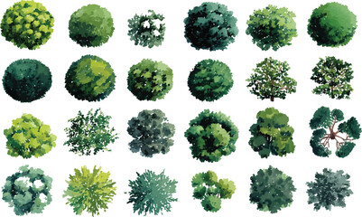 Collection of twenty green trees viewed from above in watercolor style. Diverse shapes and shades of green foliage © Pixel Park