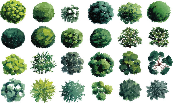 Collection of twenty green trees viewed from above in watercolor style. Diverse shapes and shades of green foliage