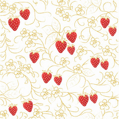 金ラインで描く苺と花の上品シームレスパターン（赤）ー 白背景に、赤い苺と花・蔓をゴールドラインで繊細に描いたシームレスパターン。清潔感と華やかさを兼ね備え、ポスター、ポストカード、背景素材、マスキングシール、フレークシール、苺スイーツの販促デザインに幅広く使用できます。季節を問わず使いやすい上品なデザインです。