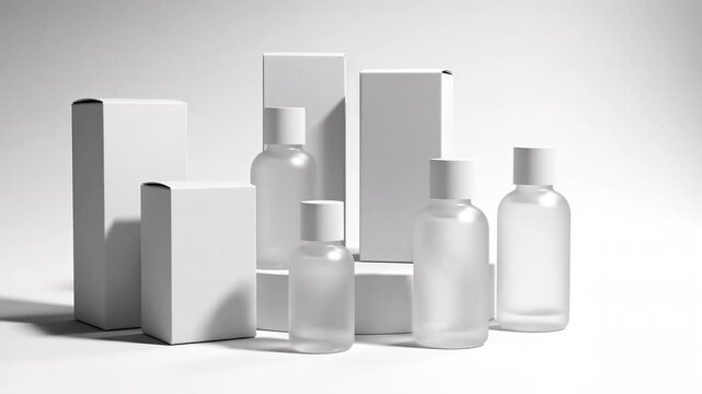 A 3d render of a blank white wine bottle and glass perfume container for beauty care, displaying clean cosmetic liquid packaging for shampoo, lotion, or medicine within a hygiene object