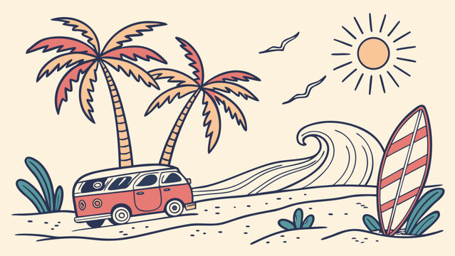 A red camper van is parked on a sandy beach next to palm trees with a large wave and a surfboard in the background.