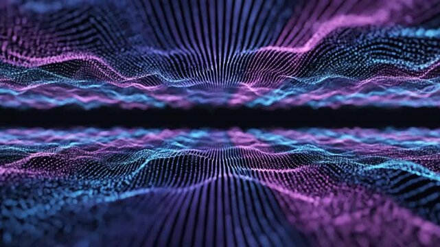 Vibrant digital waveform pattern with purple and blue hues on a dark background with a symmetrical design and radiant lines.