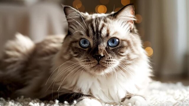Fluffy Ragdoll Cat with Blue Eyes Lying on Cozy White Carpet with Bokeh Background