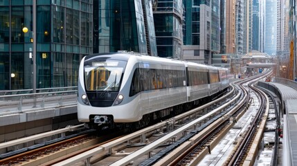 Fototapeta premium Modern sleek train traveling through a futuristic urban environment on elevated tracks surrounded by glass skyscrapers and reflections in the cityscape