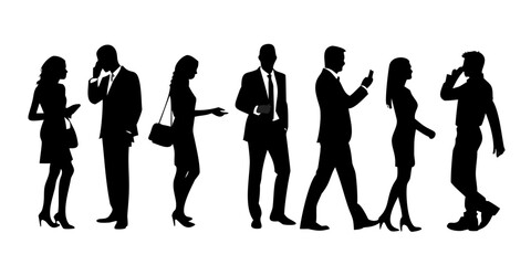 Obraz premium A diverse group of people walking and using their smartphones in a modern setting. Vector