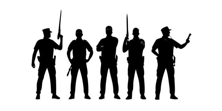 Group of police officers standing together in silhouette against a white background Vector