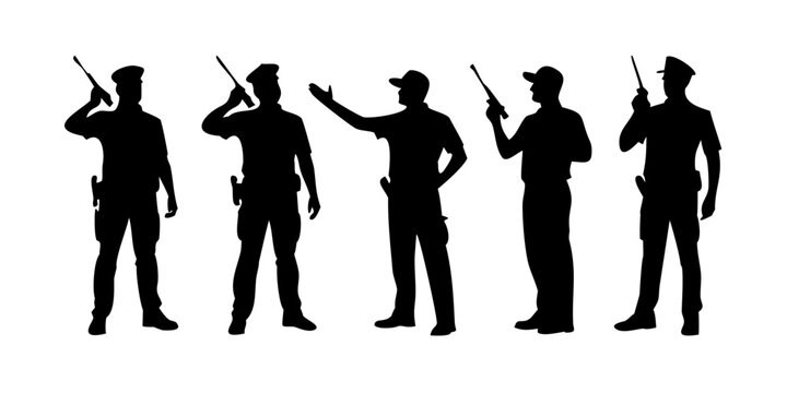 Five police officers in different poses with batons and hats Vector