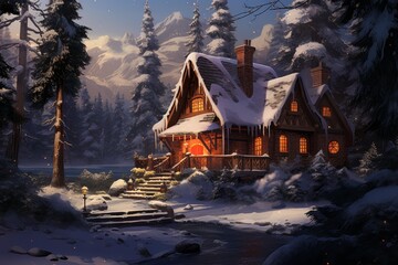 Naklejka premium Rustic house with warm glowing windows standing in a beautiful, serene snowy forest