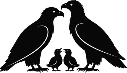 Obraz premium Silhouette of two adult birds and two chicks facing each other