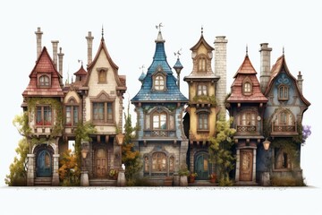 Naklejka premium Charming fairytale houses standing in a whimsical row, creating a magical fantasy street