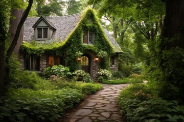 Naklejka premium Stone cottage with ivy on roof and walls, nestled in a vibrant forest garden