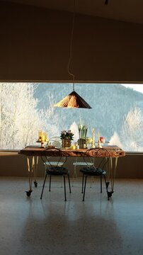 Slow lifestyle video of a woman entering the frame and standing by a panoramic window with a cup of coffee, enjoying a peaceful winter mountain view. Warm sunlight, calm interior, quiet atmosphere and