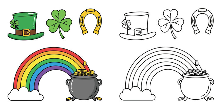 St. Patrick's Day vector set with rainbow, pot of gold, hat, clover and horseshoe. Color and outline illustrations for coloring book.