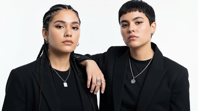 Two individuals in black outfits standing close together against a white background.