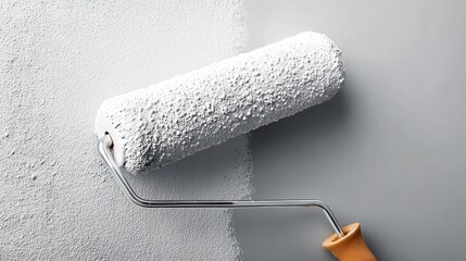 Close-up of Industrial Roller Paint Application on Smooth Wall Surface in Neutral Color Tones