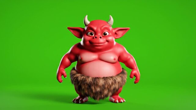 Cute red cartoon monster waving on green screen background