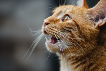 Close up of a detailed ginger cat face showing whiskers and amber eyes
