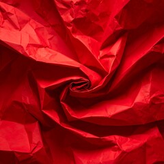 Intense close-up of heavily crumpled, crimson-colored paper swirling inward, creating depth through shadows and highlights