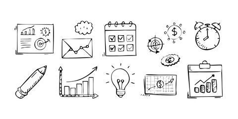 A collection of icons representing various aspects of planning and organization. Vector