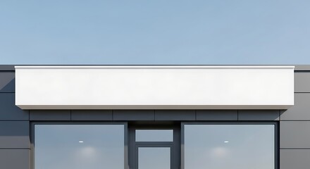 Fototapeta premium Blank White Sign Above Modern Building Entrance with Reflective Windows.