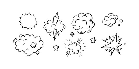 A collection of various cartoon-style explosion and impact effects in black and white Vector © Kola