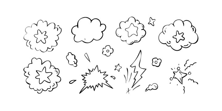 Various types of clouds and explosions in a simple line drawing style Vector