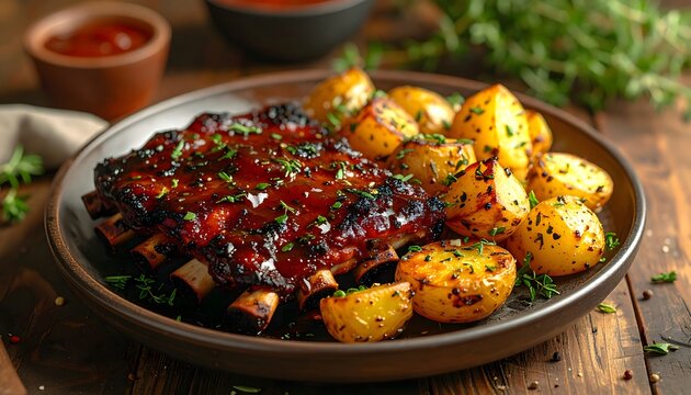 Savory BBQ Glazed Pork Ribs and Golden Roasted Potatoes Garnished with Fresh Herbs