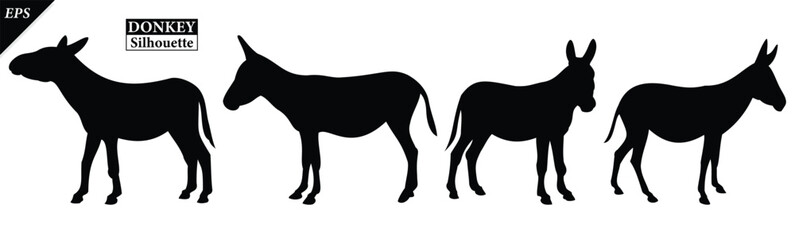 Fototapeta premium Set of Silhouette of Donkey Animal Isolated on White Background, silhouette of a donkey on white, Simple donkey silhouette vector flat illustration, different poses, rural life, hard work, livestock,