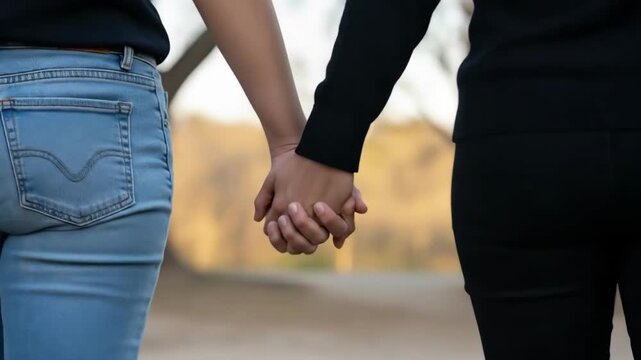 Two people holding hands in an outdoor setting with a blurred background of trees and sunlight.