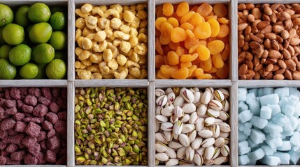Colorful Array of Nuts and Dried Fruits Arranged in Neat Wooden Compartments