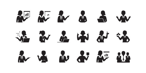 Fototapeta premium Businesswoman icons set. professional women showing charts, using laptop, and making presentations.