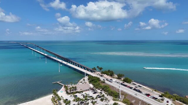 Still shot of the Seven Mile Bridge extending from Marathon in the Florida Keys, Monroe County, Florida, United States
