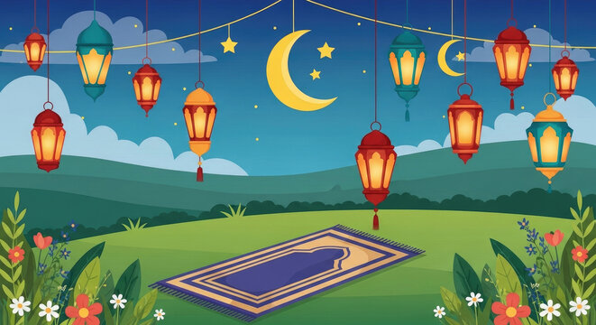 Eid ul fitr lanterns and crescent moons in garden
