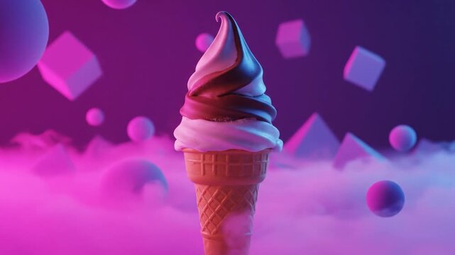 A swirling ice cream cone floats amidst pink and purple clouds and geometric shapes in a whimsical 3D scene