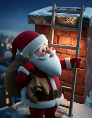 Fr&ouml;hlicher 3D-Weihnachtsmann, der &uuml;ber eine Leiter zum Schornstein hoch klettert will.